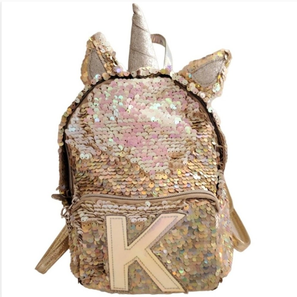 Justice gold sequined unicorn mini backpack letter K